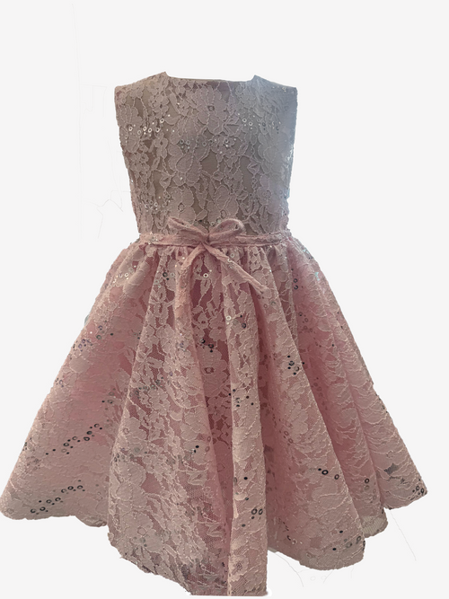 Pink lace dress with a bow on a white background